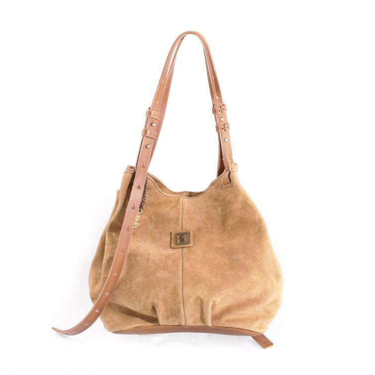 Borsa Delya A.S.98 in pelle scamosciata beige con manici regolabili, design artigianale italiano morbido ed elegante