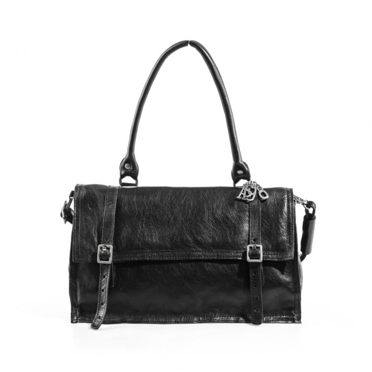 Borsa ESIA A.S.98 in pelle nera con fibbie frontali, manici e tracolla, design strutturato elegante e urbano