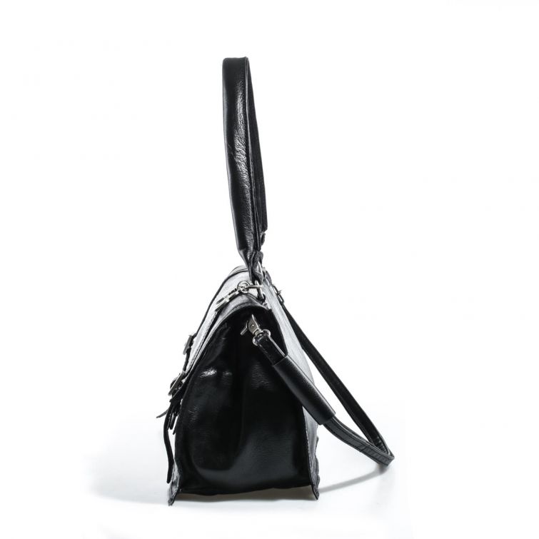 Borsa ESIA A.S.98 in pelle nera con fibbie frontali, manici e tracolla, design strutturato elegante e urbano