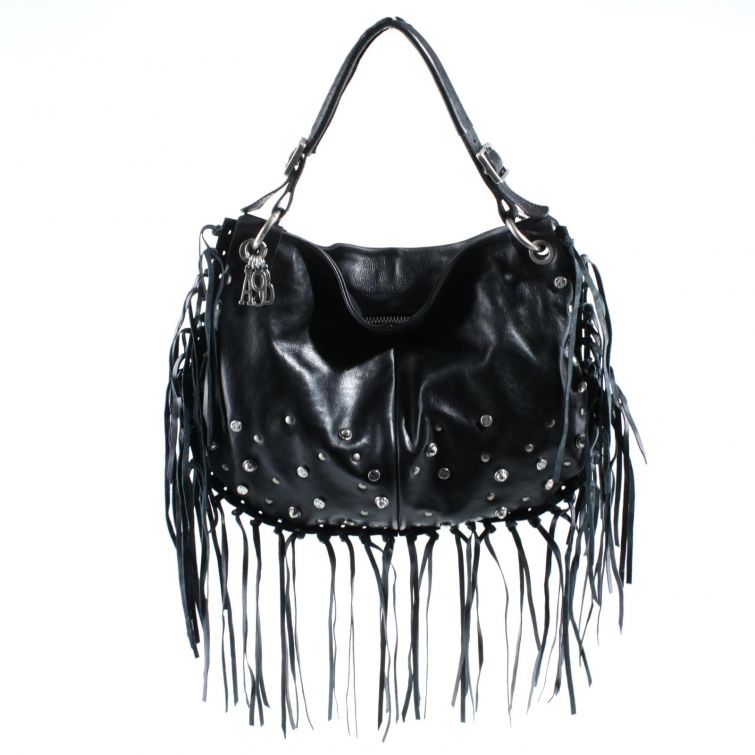 Borsa Boho A.S.98 in pelle nera con frange lunghe e borchie, stile rock boho chic artigianale italiano