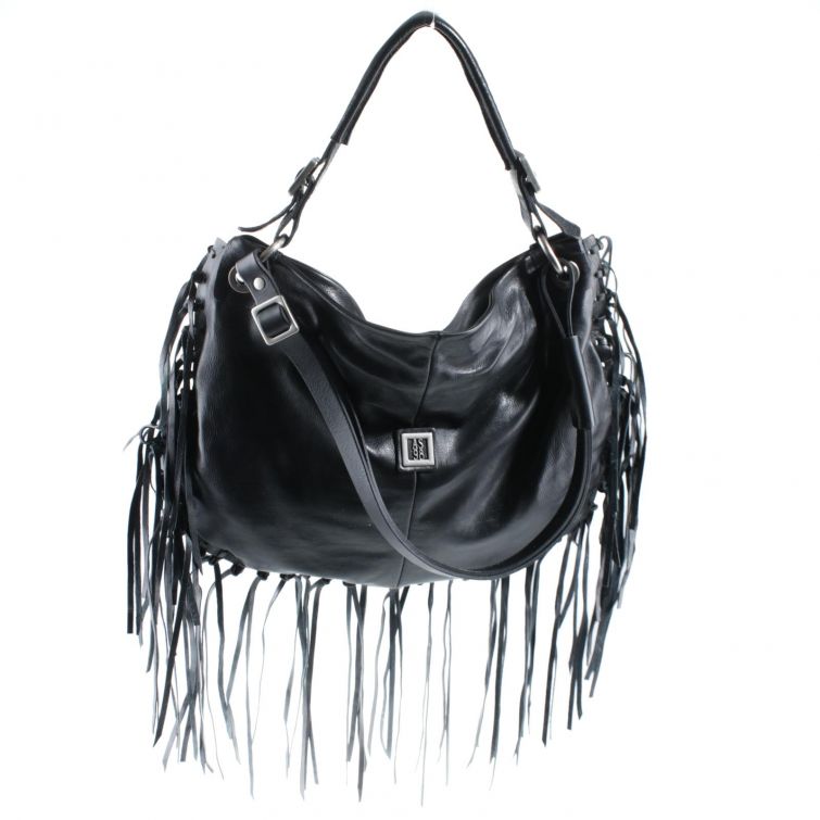 Borsa Boho A.S.98 in pelle nera con frange lunghe e borchie, stile rock boho chic artigianale italiano