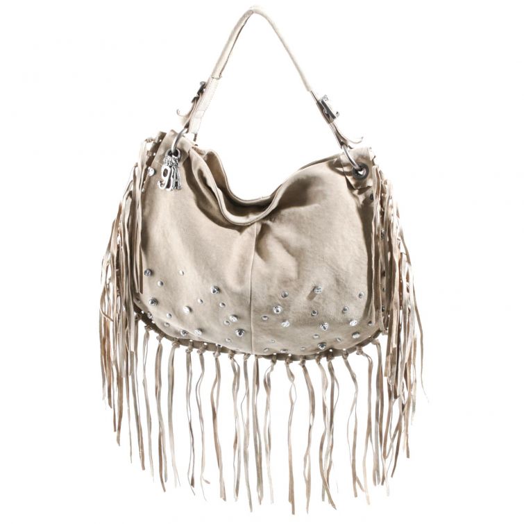 Borsa Boho A.S.98 in pelle color ghiaccio con frange lunghe e borchie, stile rock boho chic artigianale italiano