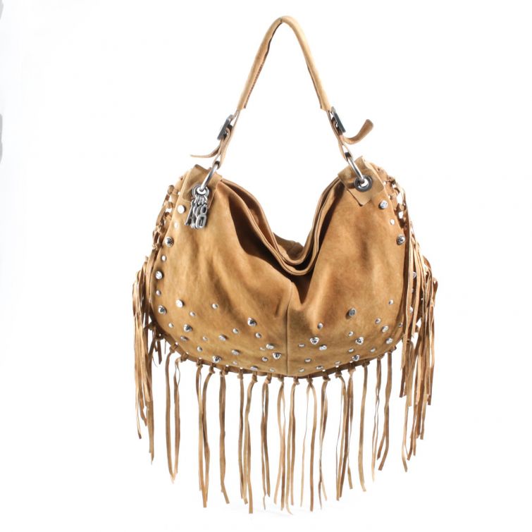 Borsa Boho A.S.98 in pelle cuoio con frange lunghe e borchie, stile rock boho chic artigianale italiano 