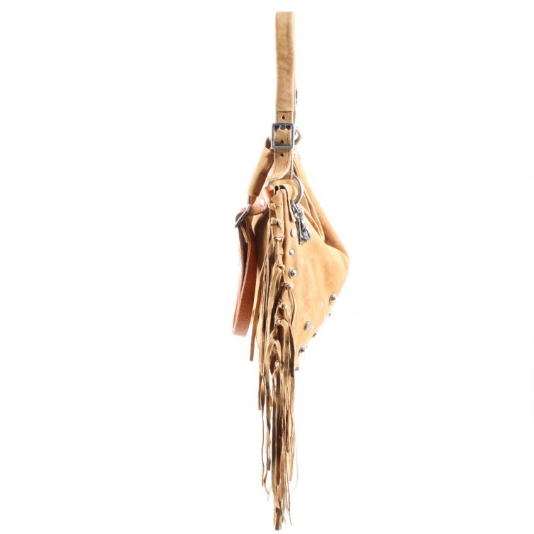 Borsa Boho A.S.98 in pelle cuoio con frange lunghe e borchie, stile rock boho chic artigianale italiano