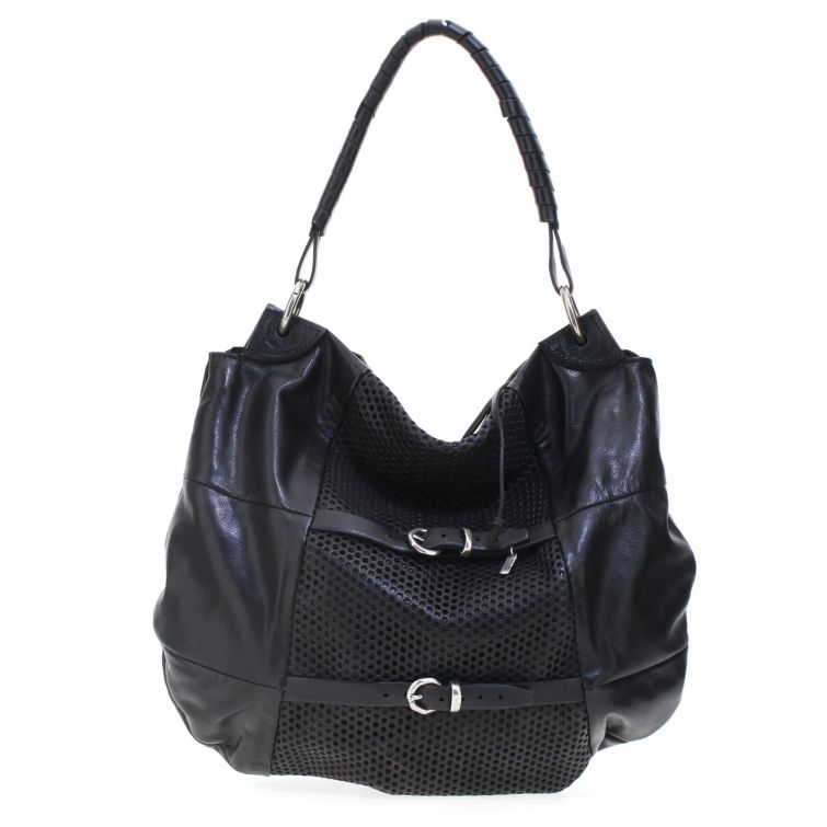 Borsa Molly A.S.98 in pelle nera traforata con fibbie frontali e manico, design artigianale italiano moderno e capiente