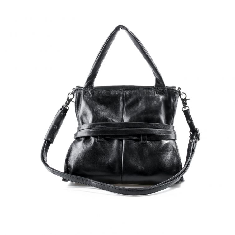Borsa Larah A.S.98 in pelle nera con tracolla e manici, design artigianale italiano elegante e contemporaneo