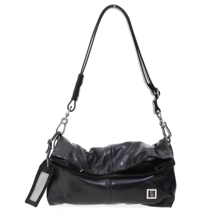 Borsa OLISIA A.S.98 in pelle nera morbida con tracolla regolabile e design arricciato contemporaneo