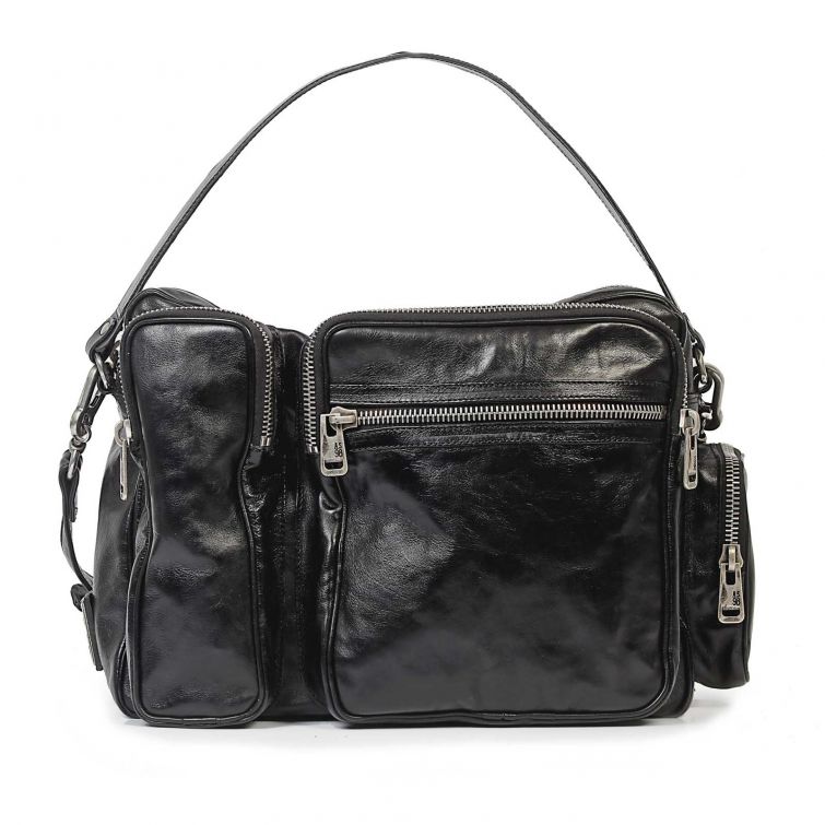 Borsa CURTIS A.S.98 in pelle nera con manico, tasche frontali multiple, zip e dettagli metallici.