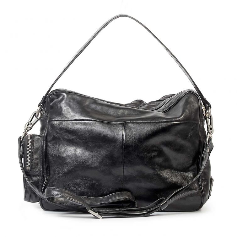 Borsa CURTIS A.S.98 in pelle nera con manico, tasche frontali multiple, zip e dettagli metallici.