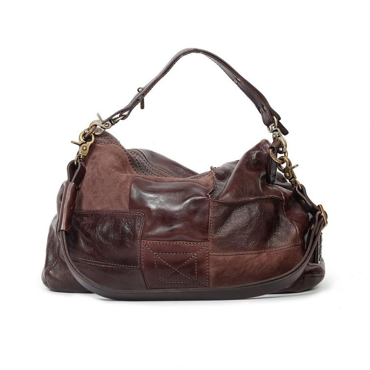Borsa DANNY A.S.98 in pelle marrone scuro effetto vintage con inserti scamosciati, grande zip e manico a spalla.