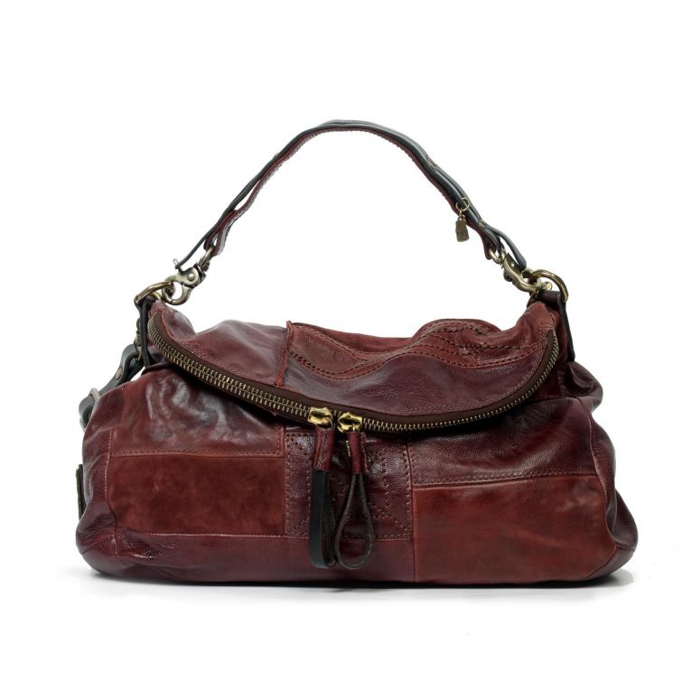 Borsa DANNY A.S.98 in pelle bordeaux effetto vintage con manico, grande zip frontale e dettagli metallici.