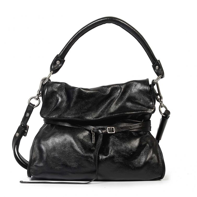 Borsa Ellen A.S.98 in pelle nera con tracolla regolabile, manico a spalla e dettagli artigianali in metallo dal design contemporaneo.