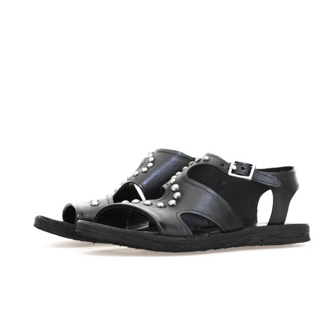 Sandali A.S.98 neri in pelle con borchie metalliche, fibbia laterale e suola piatta confortevole