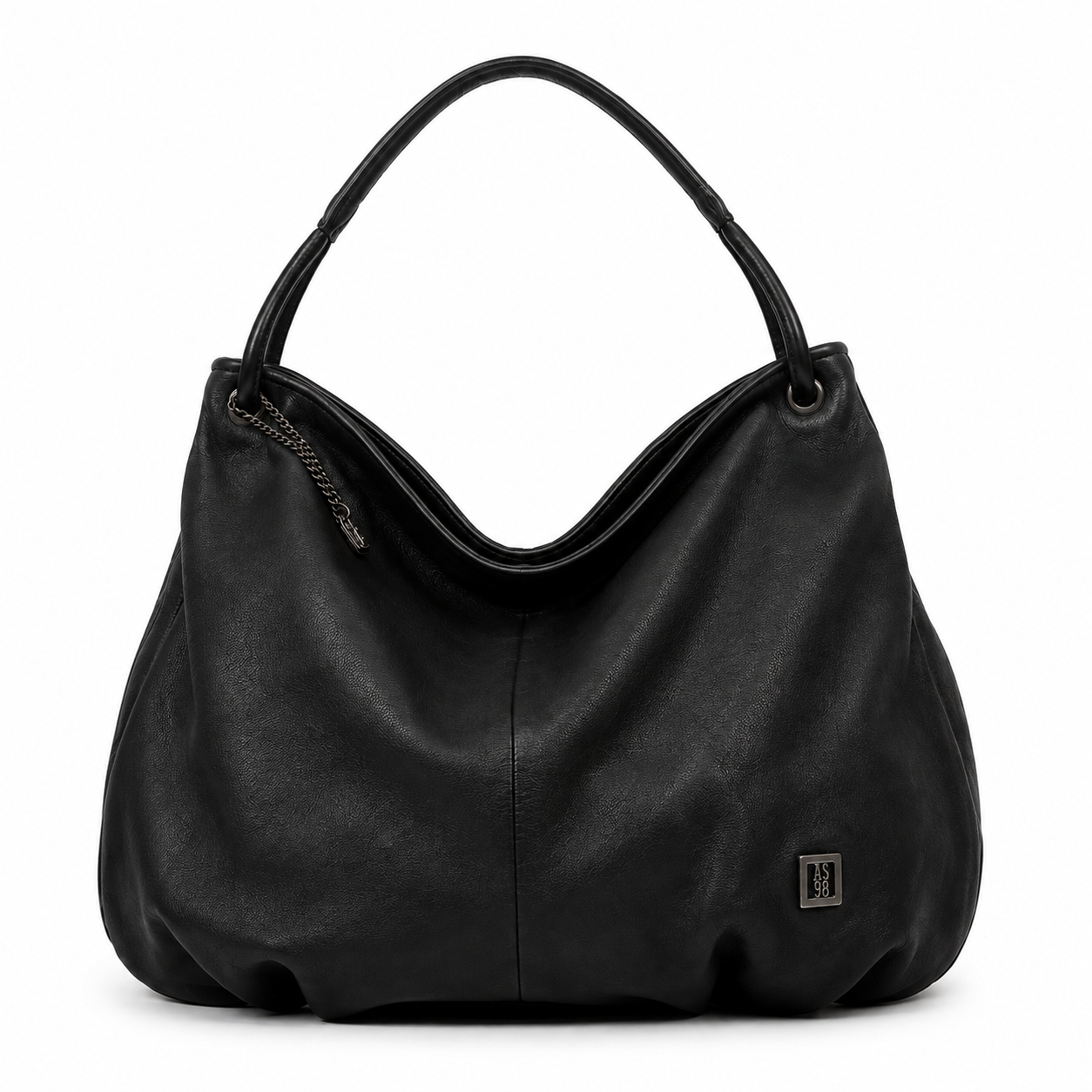 Borsa DUAL A.S.98 in pelle nera morbida con design hobo, manico singolo, pendente con catena e lavorazione artigianale italiana.