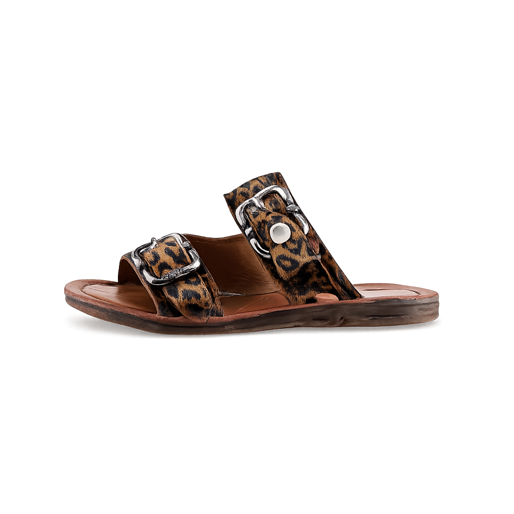SANDALI GAVIN animalier con fibbie e suola flat