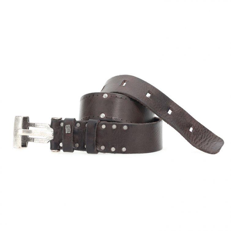 Cintura KAM A.S.98 in pelle marrone con fibbia metallica e rivetti, artigianale Made in Italy.