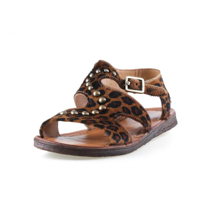 Sandali A.S.98 leopardati in pelle con borchie e fibbia, suola piatta e design confortevole