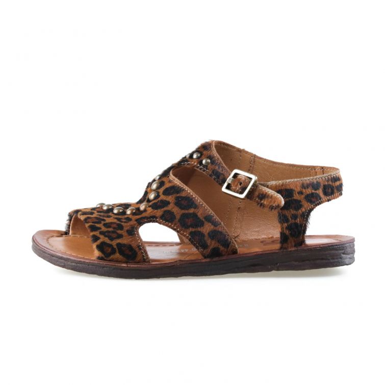 Sandali A.S.98 leopardati in pelle con borchie e fibbia, suola piatta e design confortevole