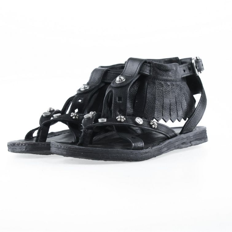 Sandali Rehnia A.S.98 in pelle nera con frange e borchie, suola piatta e fibbia regolabile, stile rock urbano da donna