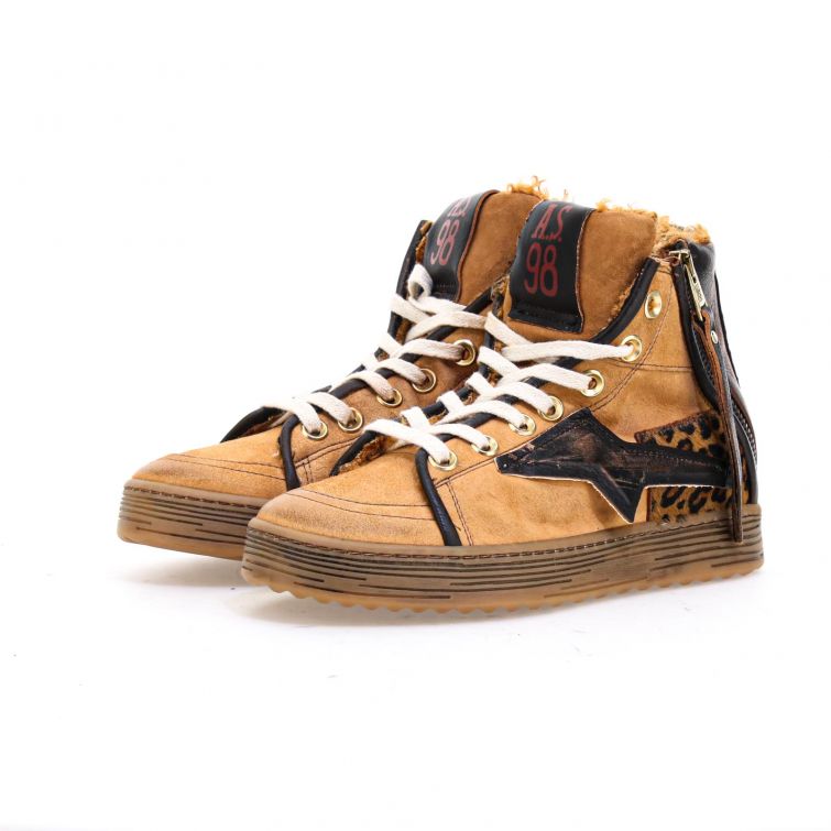 Sneakers Aceline A.S.98 in pelle e suede color cuoio con dettagli animalier e suola a contrasto