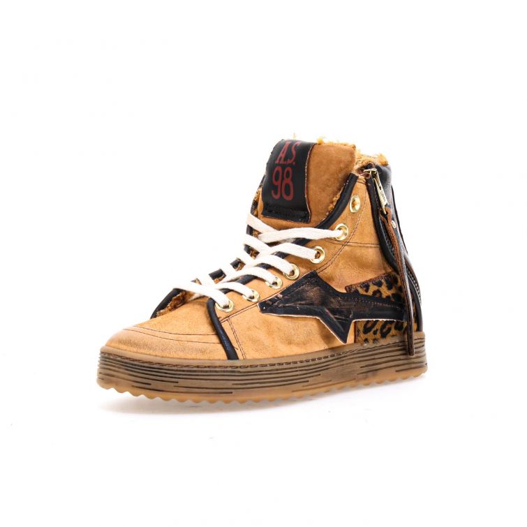 Sneakers Aceline A.S.98 in pelle e suede color cuoio con dettagli animalier e suola a contrasto