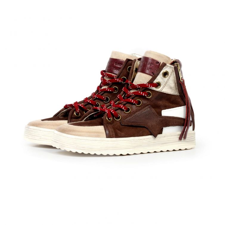 Sneakers SH A.S.98 alte con zeppa in pelle e camoscio marrone e beige