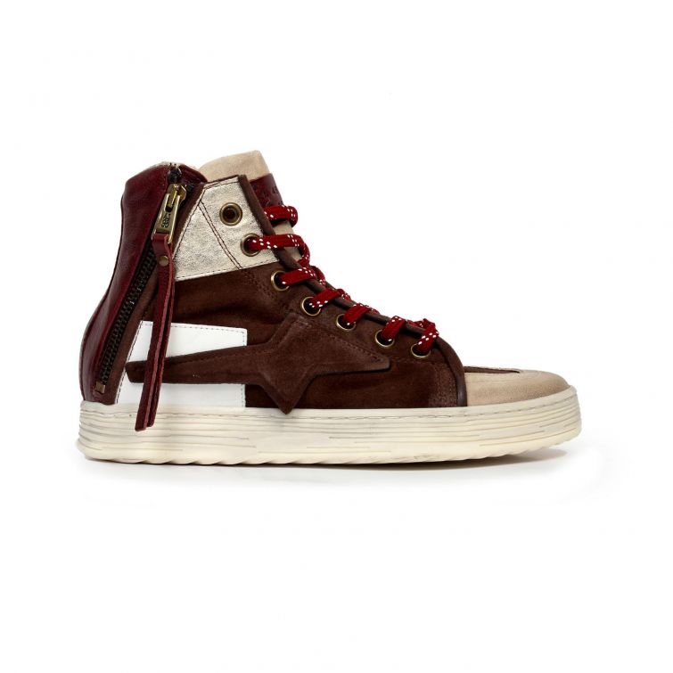 Sneakers SH A.S.98 alte con zeppa in pelle e camoscio marrone e beige