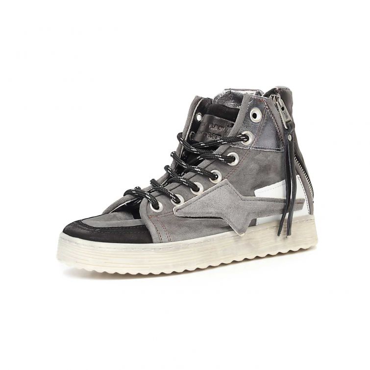 Sneakers SH A.S.98 alte da donna in pelle e camoscio grigio e nero con zip laterale, lacci e suola chiara.