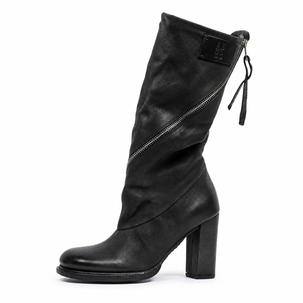 STIVALI LARKIN A.S.98 donna in pelle nera con tacco alto e zip diagonale