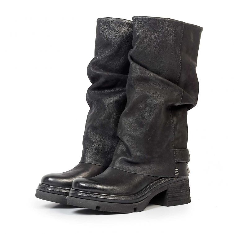 Stivali Evelynn A.S.98 in pelle nera con gambale drappeggiato e tacco 6,5 cm