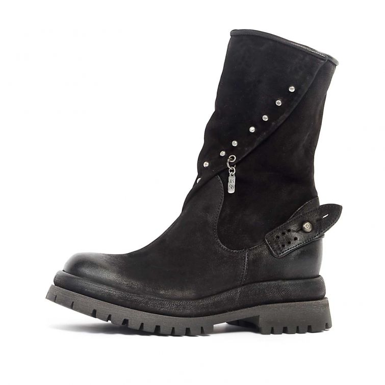 Stivaletti DAKOTA A.S.98 biker donna in pelle nera con borchie, zip e suola carrarmato