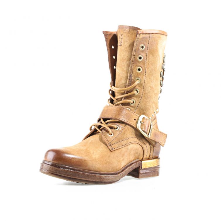 Stivaletti Aeon A.S.98 in pelle cuoio con borchie e fibbia stile biker rock