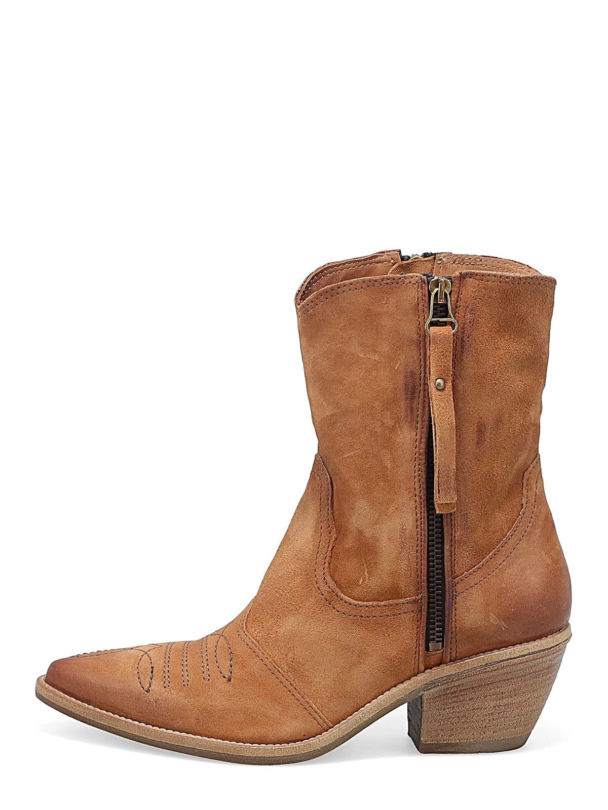 Stivaletti Crystal A.S.98 in pelle color cuoio, stile country con punta affusolata, tacco medio, zip laterale e lavorazione artigianale italiana.