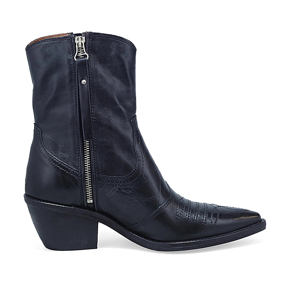 Stivaletti Crystal donna in vera pelle nera stile country western con tacco medio