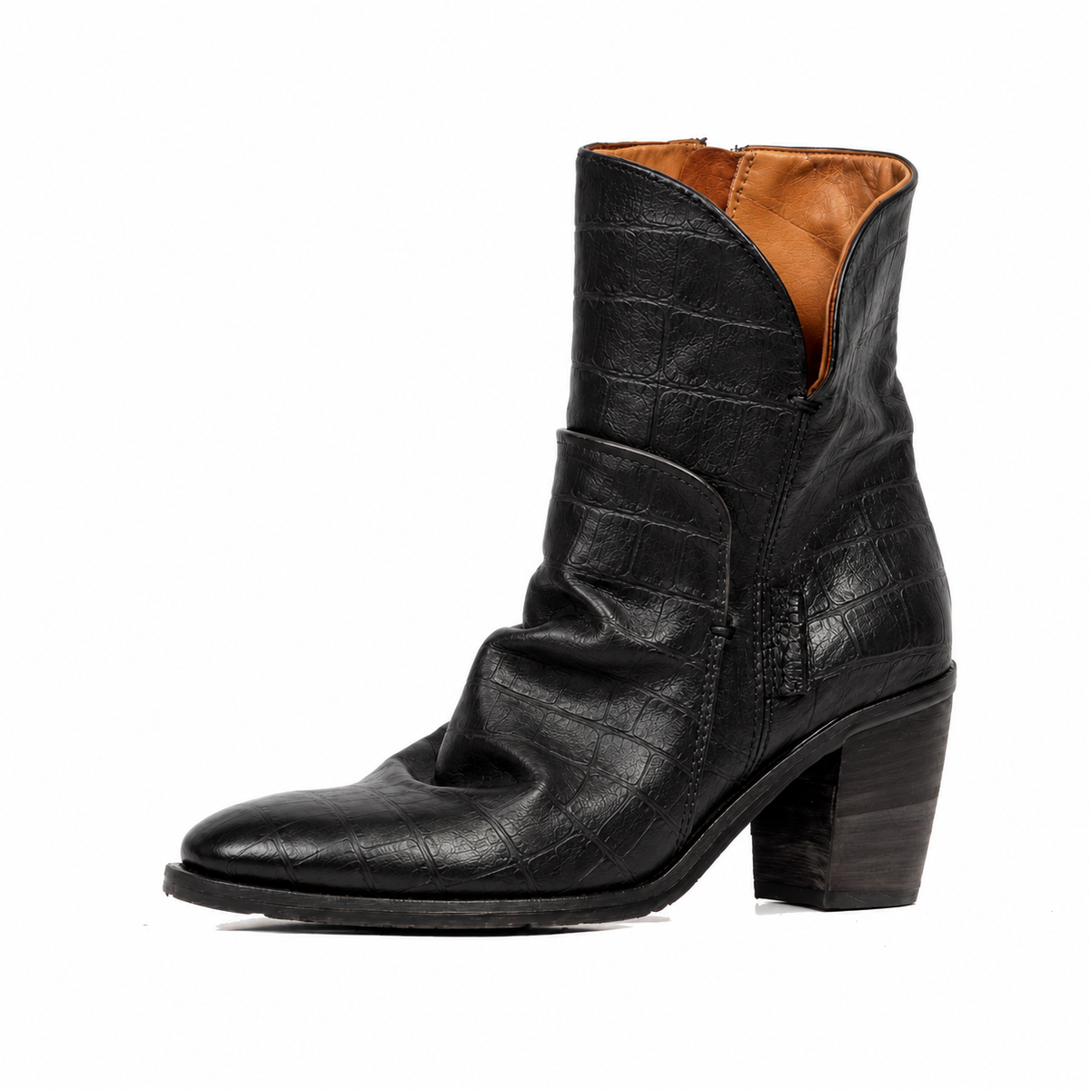 Stivaletti REALM A.S.98 in pelle nera effetto cocco con tacco largo e dettagli drappeggiati