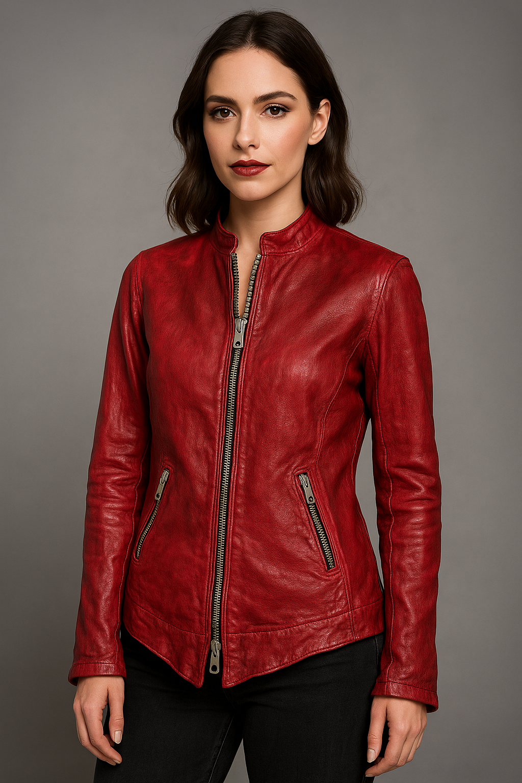 Giacca in pelle rossa donna con zip frontale e design artigianale moderno.