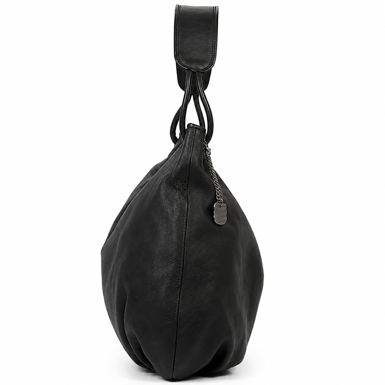Borsa DUAL A.S.98 in pelle nera morbida con design hobo, manico singolo, pendente con catena e lavorazione artigianale italiana.