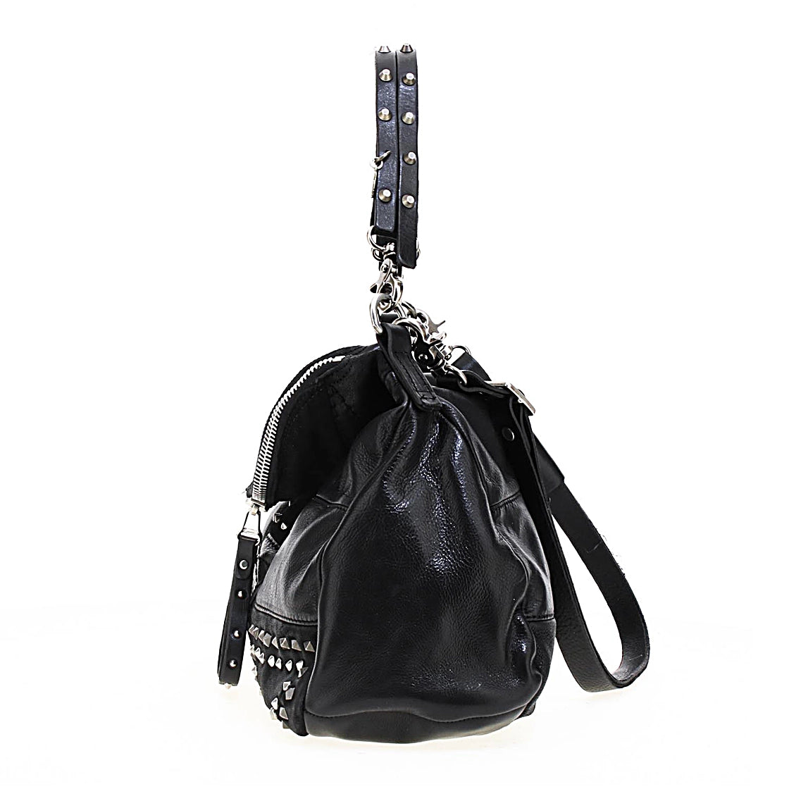 Borsa AMYL A.S.98 in pelle nera con borchie, artigianale e Made in Italy.