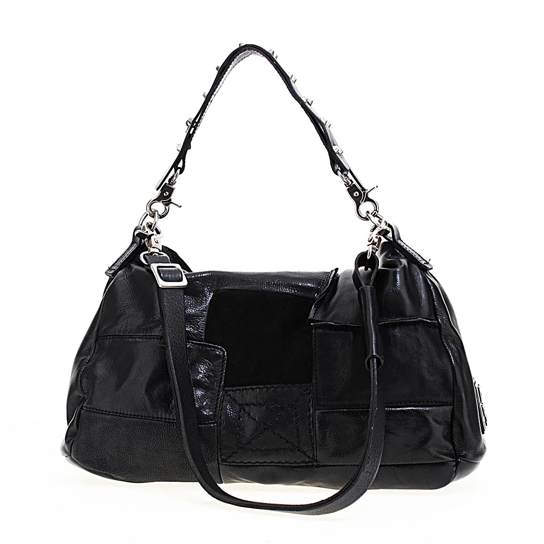 Borsa AMYL A.S.98 in pelle nera con borchie, artigianale e Made in Italy.