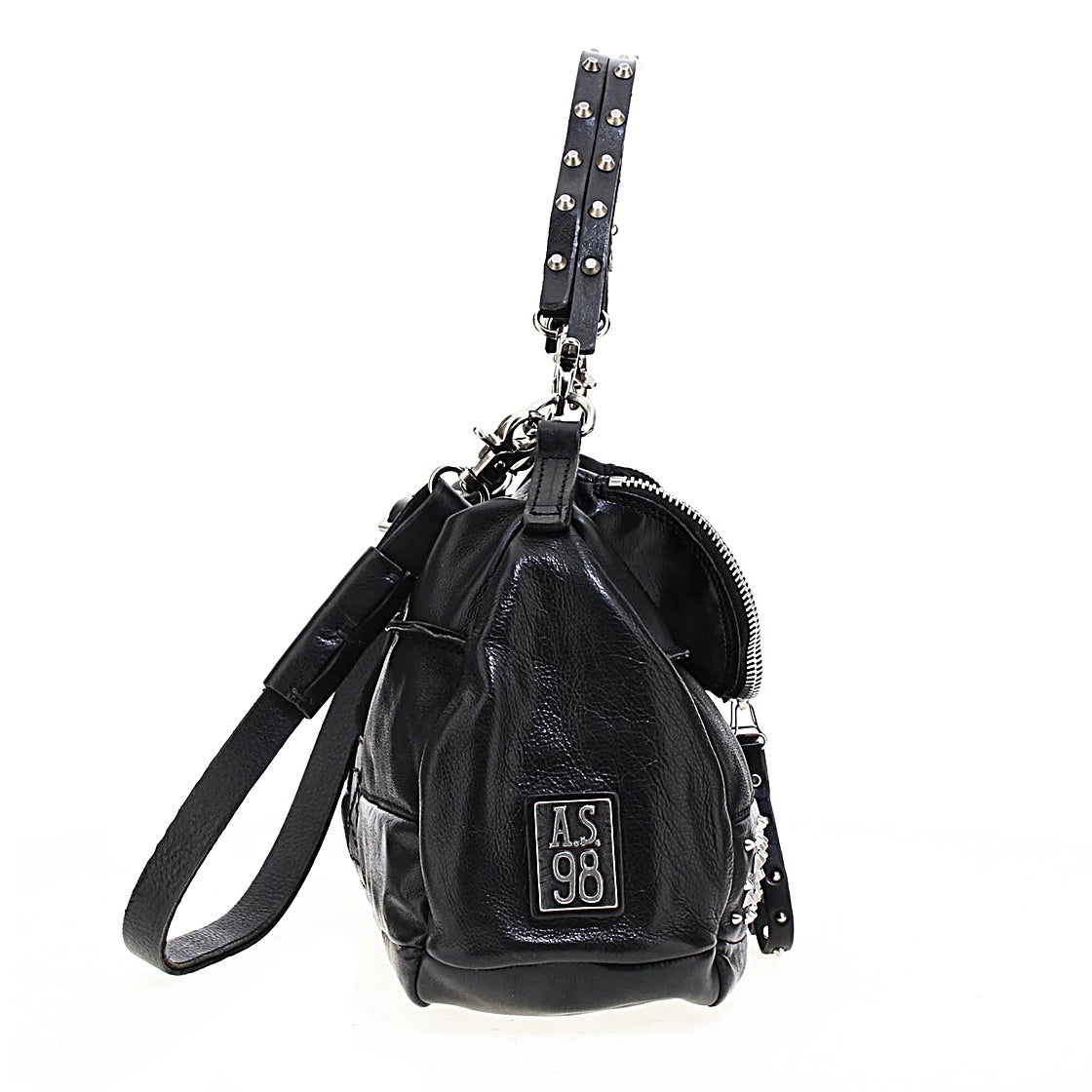 Borsa AMYL A.S.98 in pelle nera con borchie, artigianale e Made in Italy.