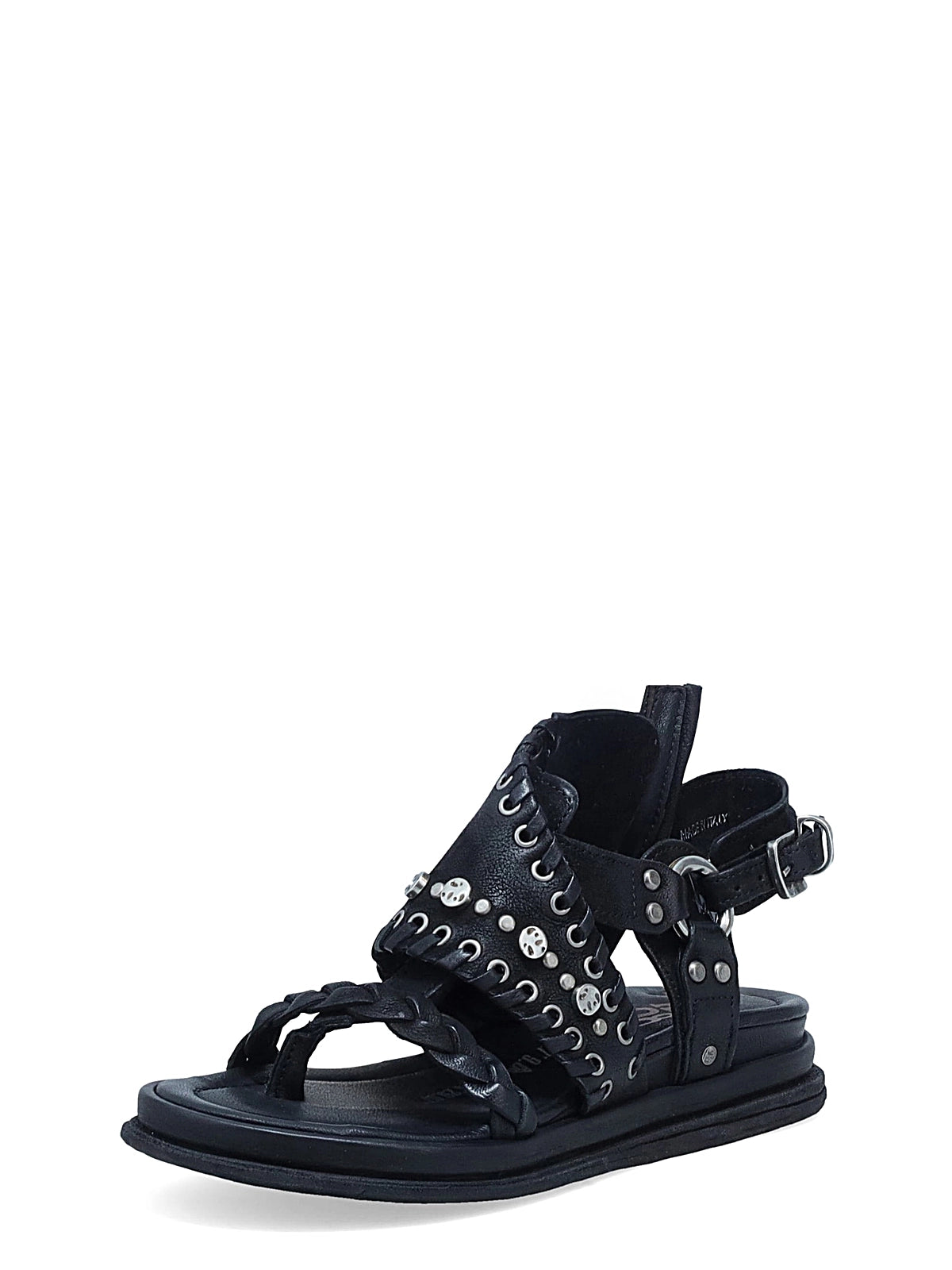 Sandali Slaine A.S.98 in pelle nera con borchie e fasce intrecciate, design artigianale italiano stile rock estivo