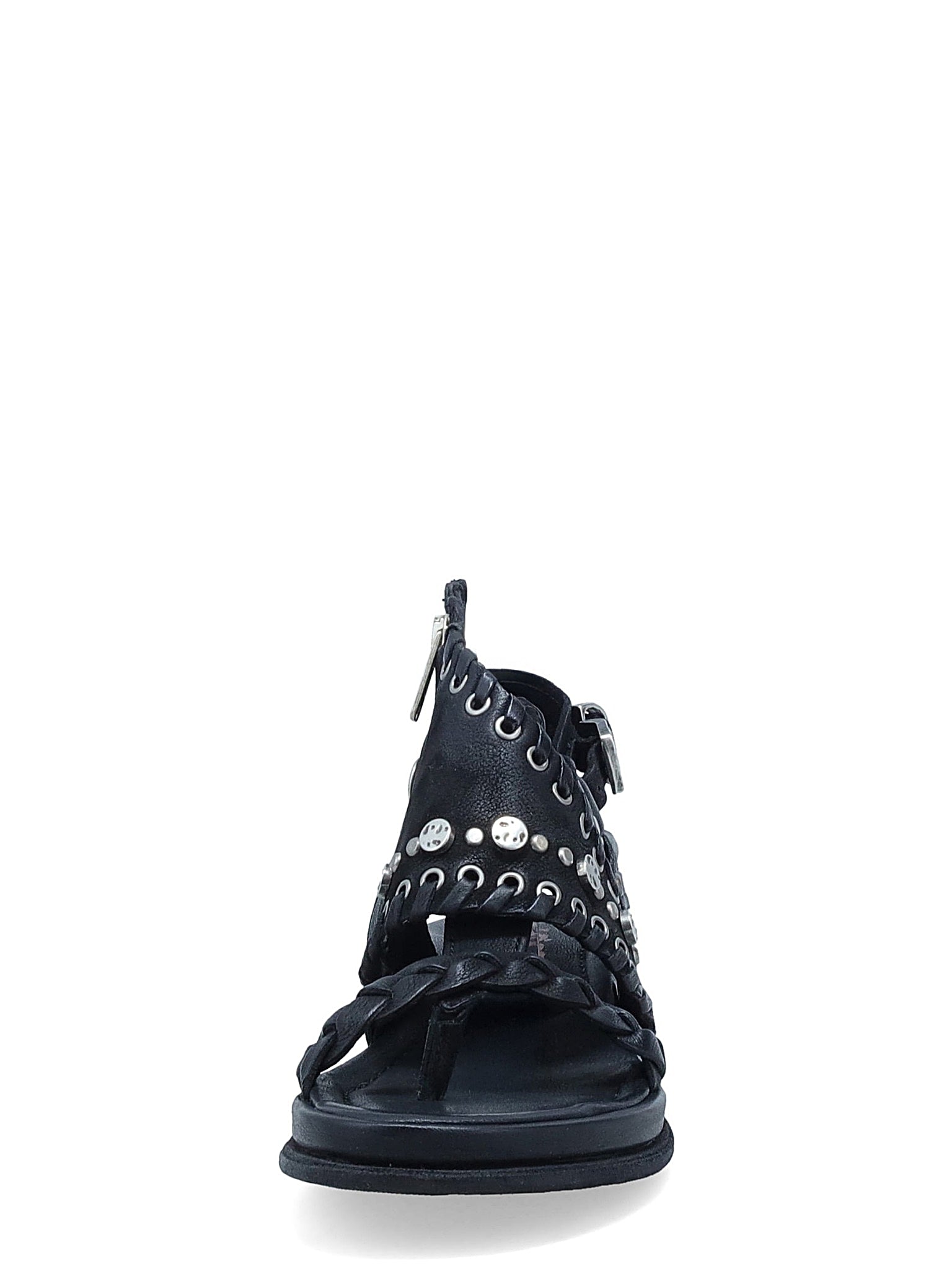 Sandali Slaine A.S.98 in pelle nera con borchie e fasce intrecciate, design artigianale italiano stile rock estivo